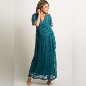 PinkBlush Teal Lace Mesh Overlay Maternity Maxi Dress - Size Large